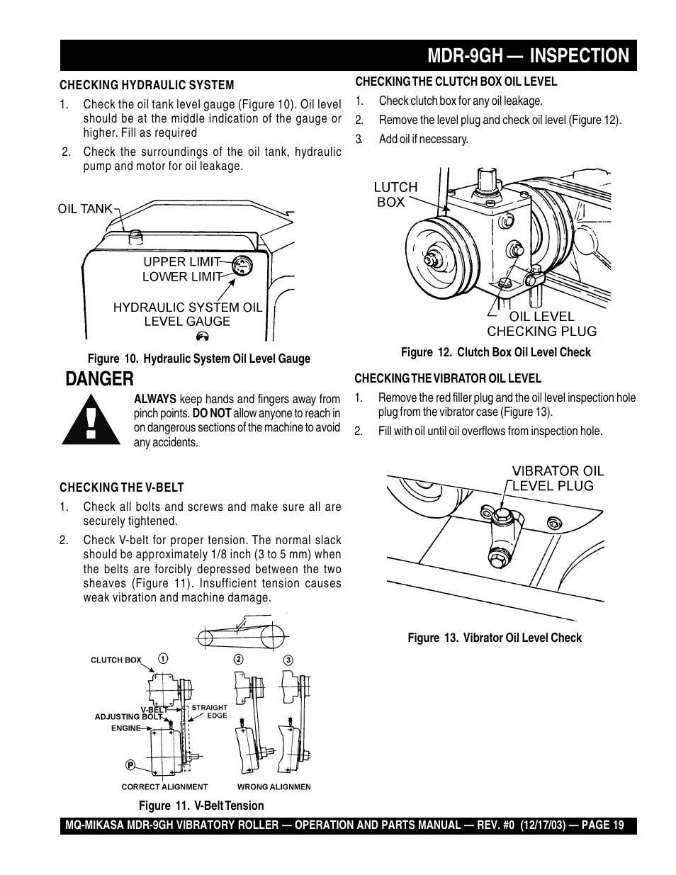 Danger, Mdr-9gh — inspection | Multiquip Mikasa Vibratory Walk-Behind Roller MDR-9GH User Manual | Page 19 / 106