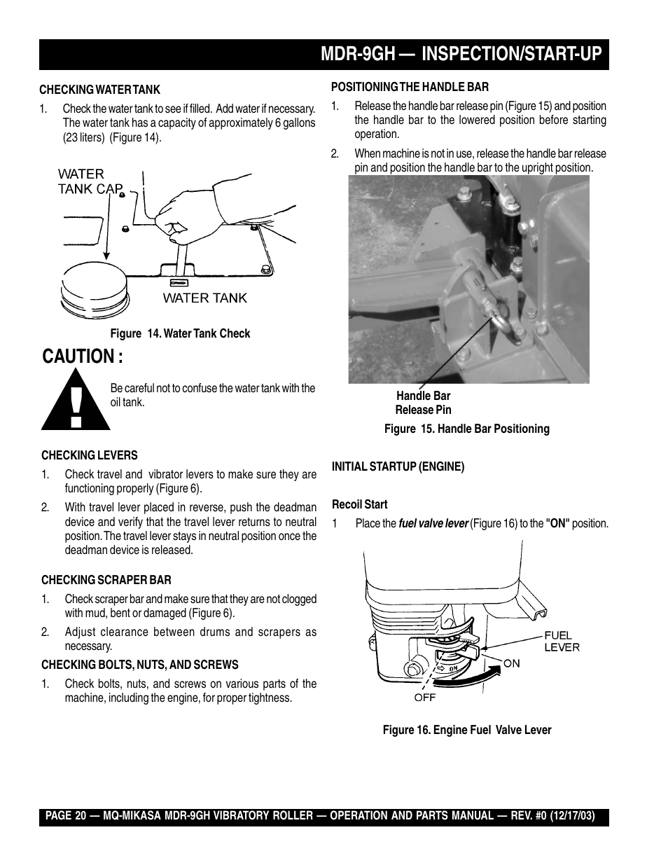 Caution, Mdr-9gh — inspection/start-up | Multiquip Mikasa Vibratory Walk-Behind Roller MDR-9GH User Manual | Page 20 / 106