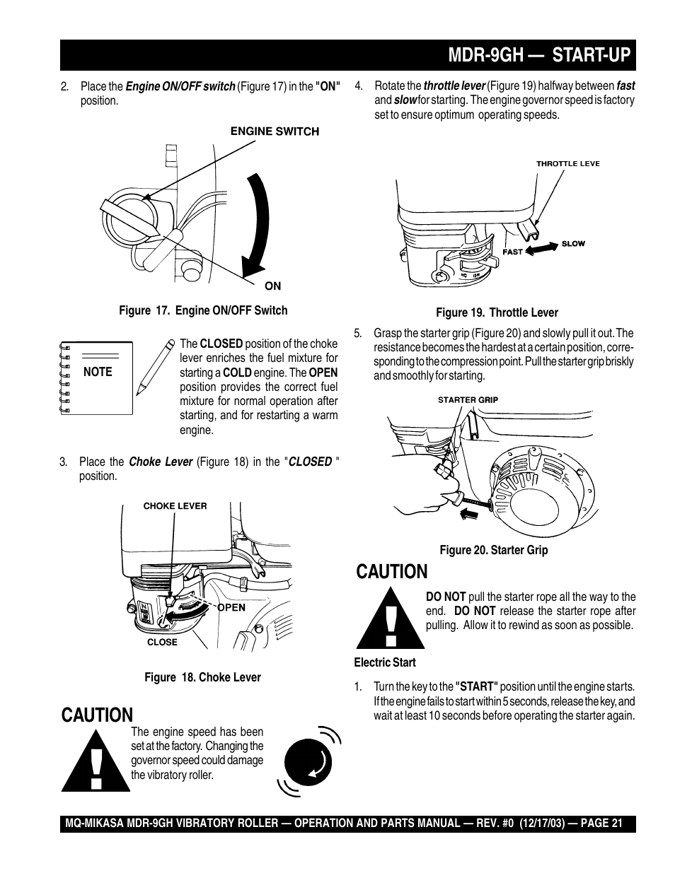 Mdr-9gh — start-up, Caution | Multiquip Mikasa Vibratory Walk-Behind Roller MDR-9GH User Manual | Page 21 / 106