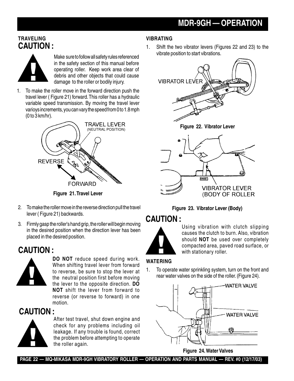 Mdr-9gh — operation, Caution | Multiquip Mikasa Vibratory Walk-Behind Roller MDR-9GH User Manual | Page 22 / 106