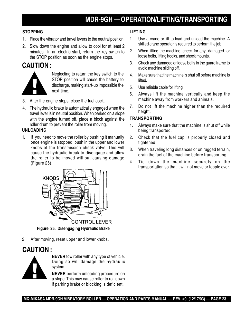 Mdr-9gh — operation/lifting/transporting, Caution | Multiquip Mikasa Vibratory Walk-Behind Roller MDR-9GH User Manual | Page 23 / 106