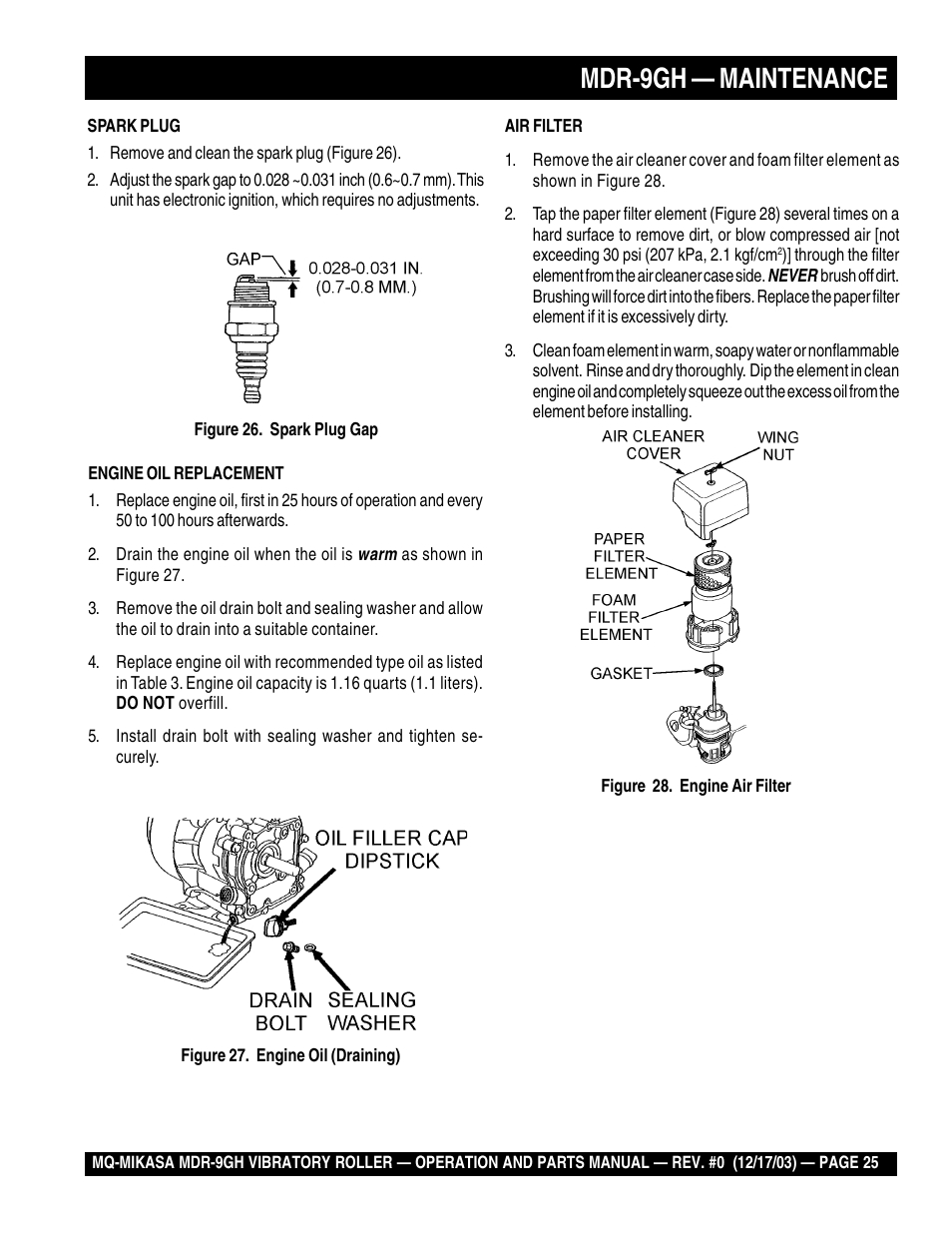 Mdr-9gh — maintenance | Multiquip Mikasa Vibratory Walk-Behind Roller MDR-9GH User Manual | Page 25 / 106