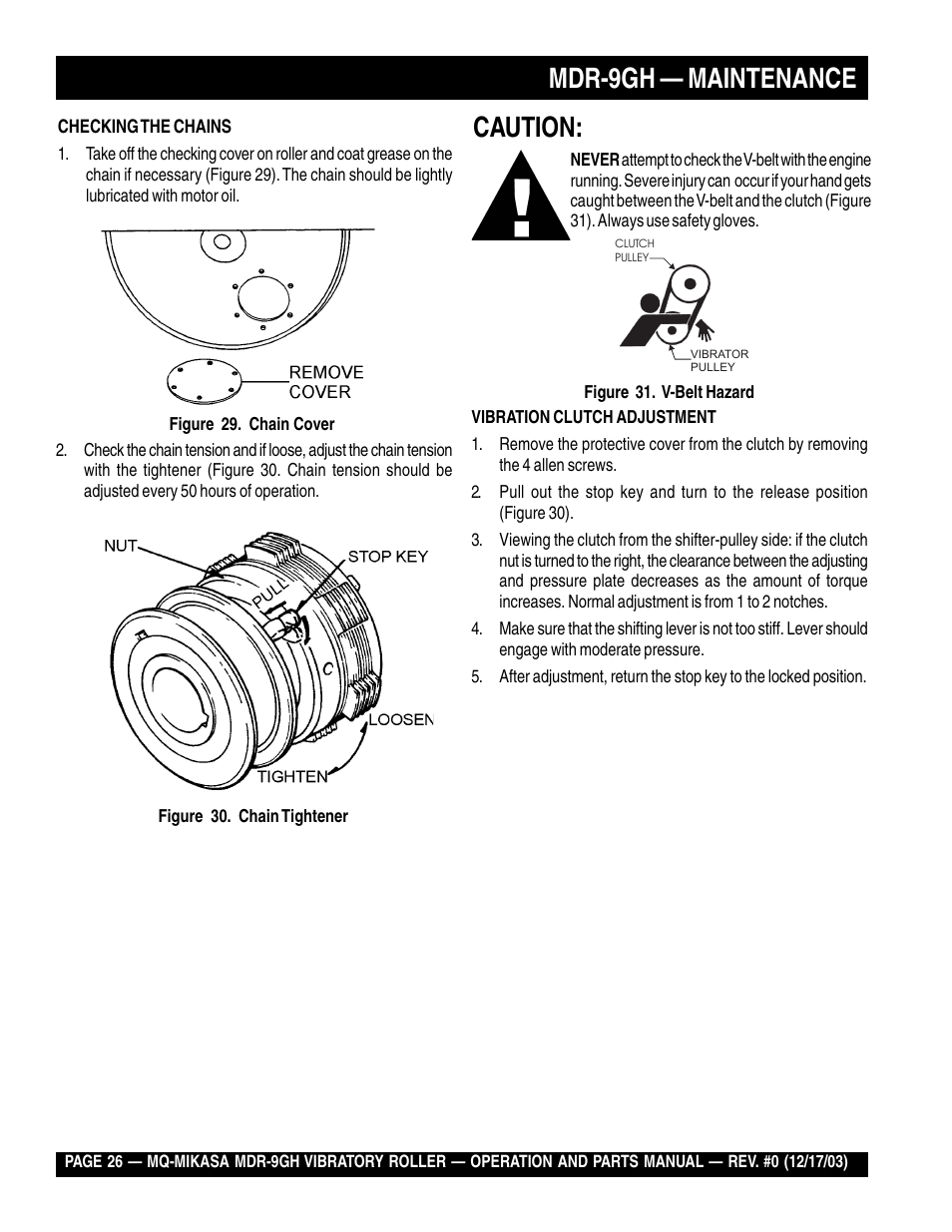 Mdr-9gh — maintenance, Caution | Multiquip Mikasa Vibratory Walk-Behind Roller MDR-9GH User Manual | Page 26 / 106