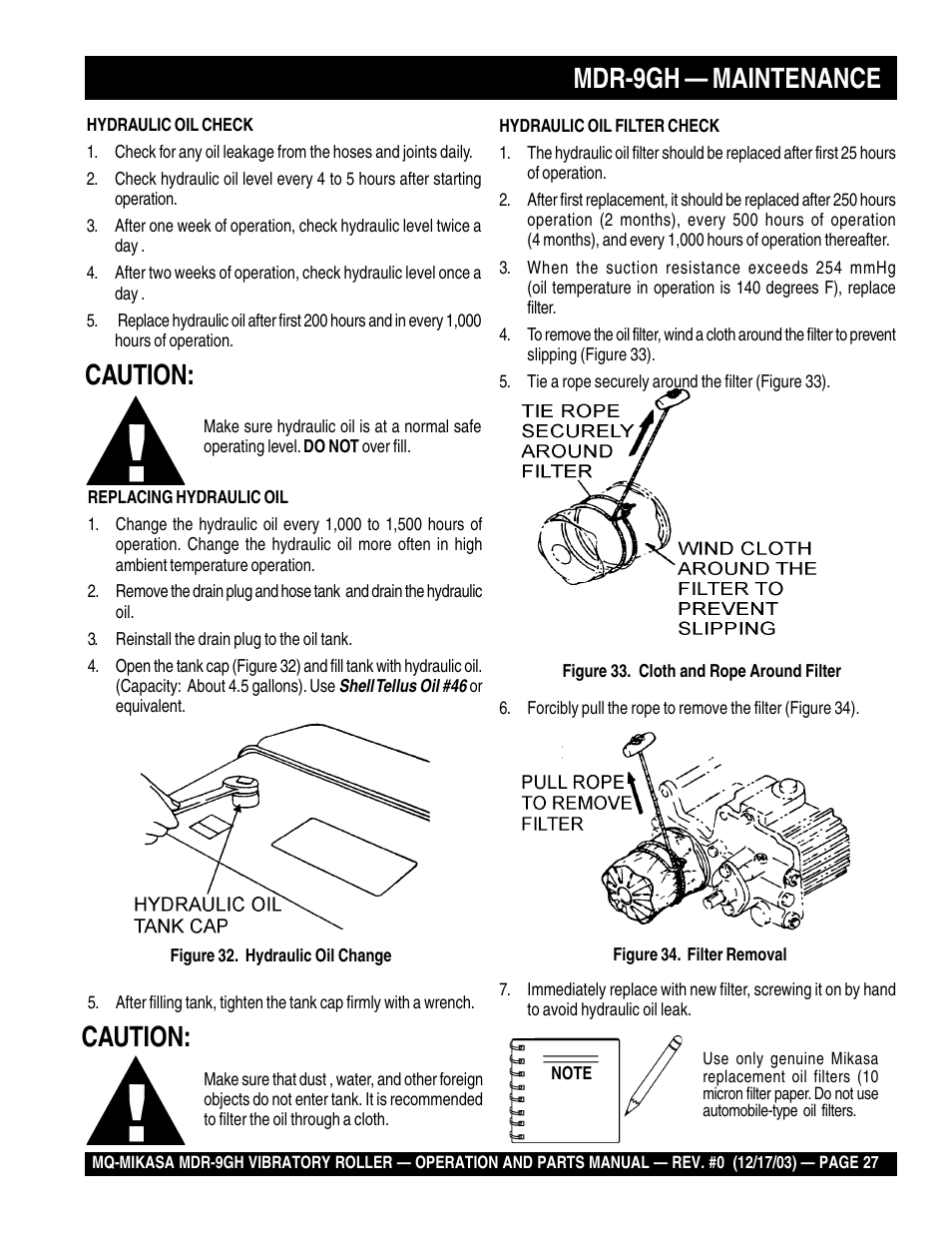 Mdr-9gh — maintenance, Caution | Multiquip Mikasa Vibratory Walk-Behind Roller MDR-9GH User Manual | Page 27 / 106