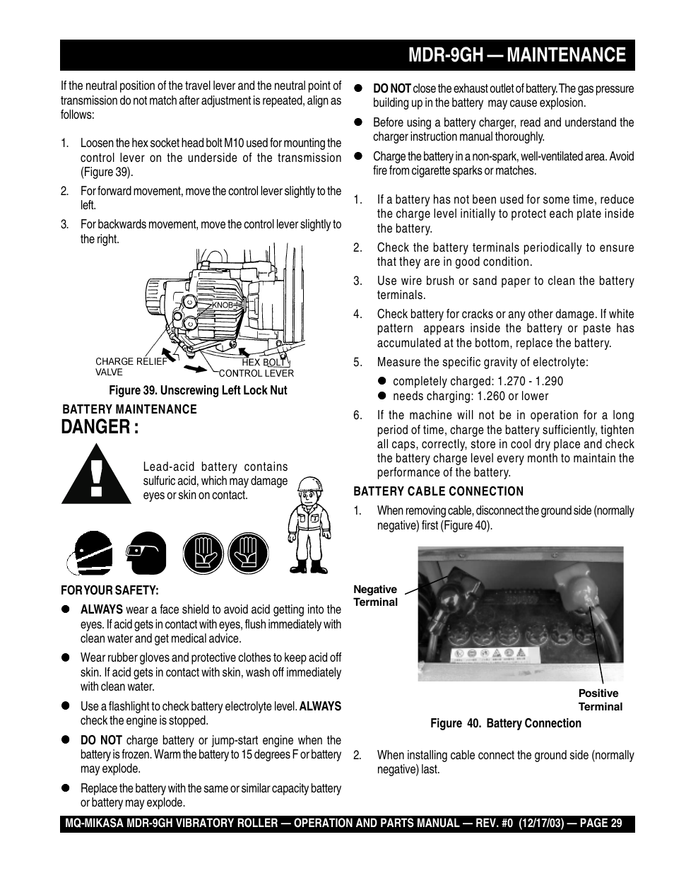 Mdr-9gh — maintenance, Danger | Multiquip Mikasa Vibratory Walk-Behind Roller MDR-9GH User Manual | Page 29 / 106