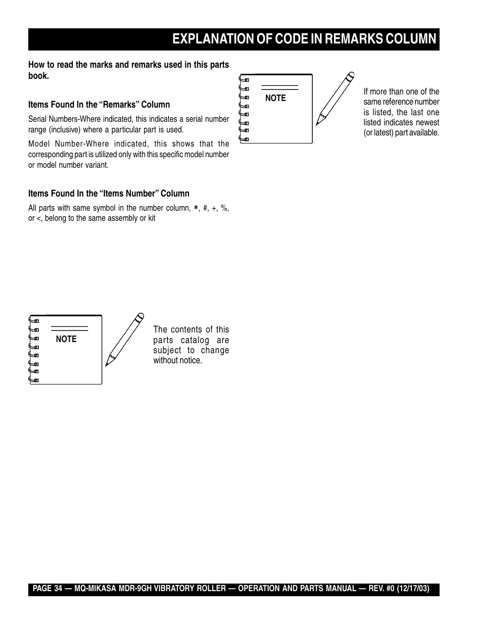 Explanation of code in remarks column | Multiquip Mikasa Vibratory Walk-Behind Roller MDR-9GH User Manual | Page 34 / 106