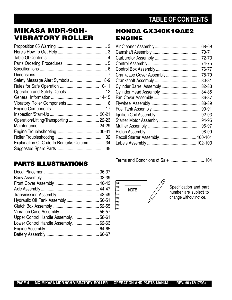 Multiquip Mikasa Vibratory Walk-Behind Roller MDR-9GH User Manual | Page 4 / 106