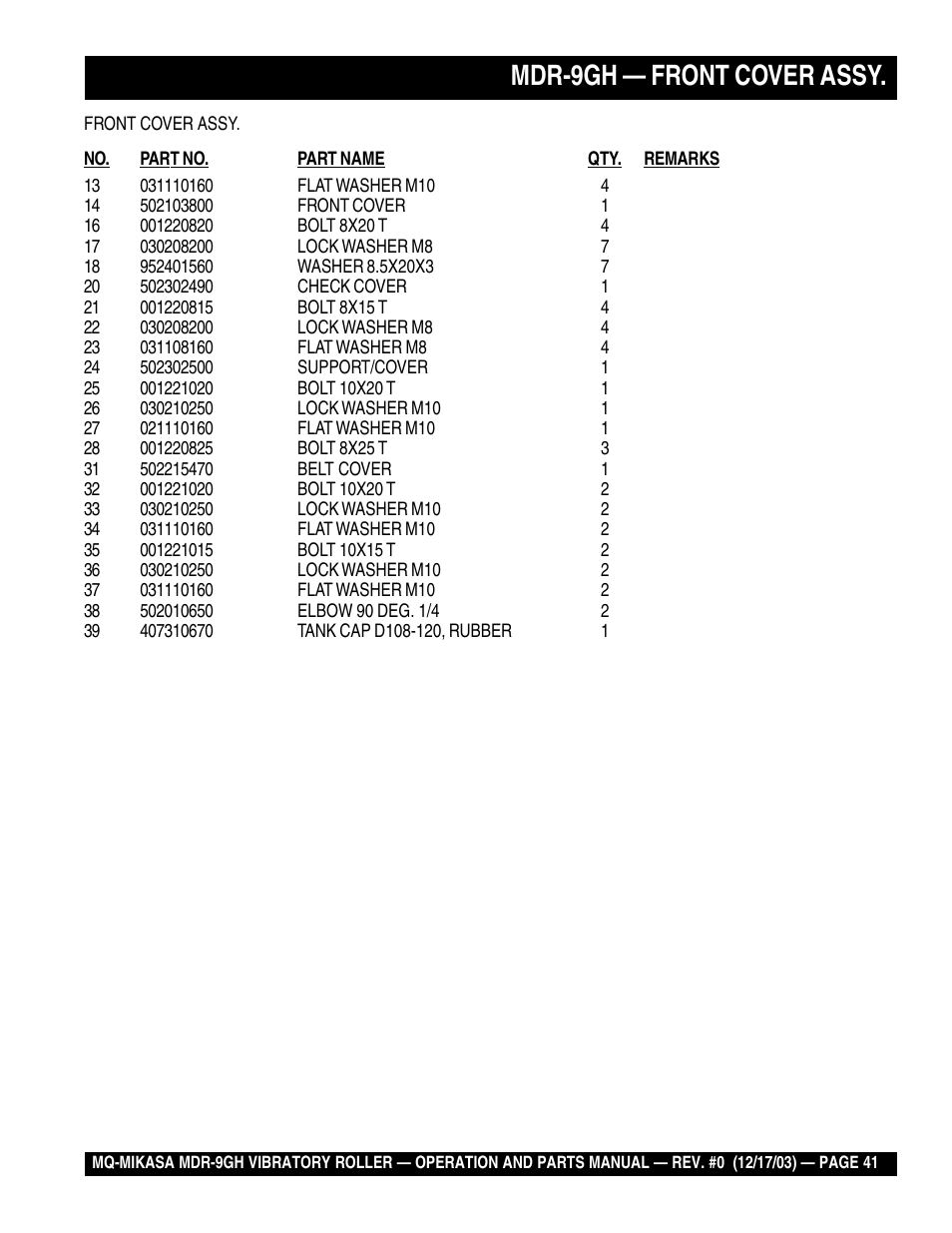 Mdr-9gh — front cover assy | Multiquip Mikasa Vibratory Walk-Behind Roller MDR-9GH User Manual | Page 41 / 106