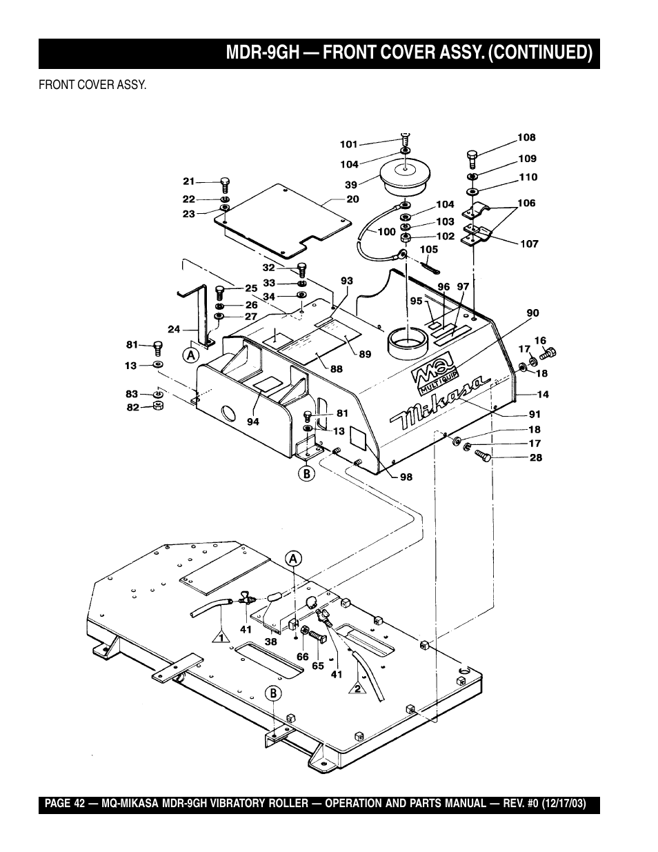 Mdr-9gh — front cover assy. (continued) | Multiquip Mikasa Vibratory Walk-Behind Roller MDR-9GH User Manual | Page 42 / 106