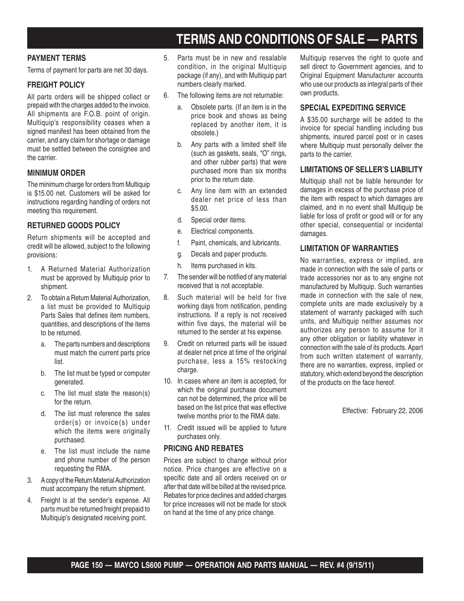 Terms and conditions of sale — parts | Multiquip Mayco Concrete Pump LS600 User Manual | Page 150 / 152