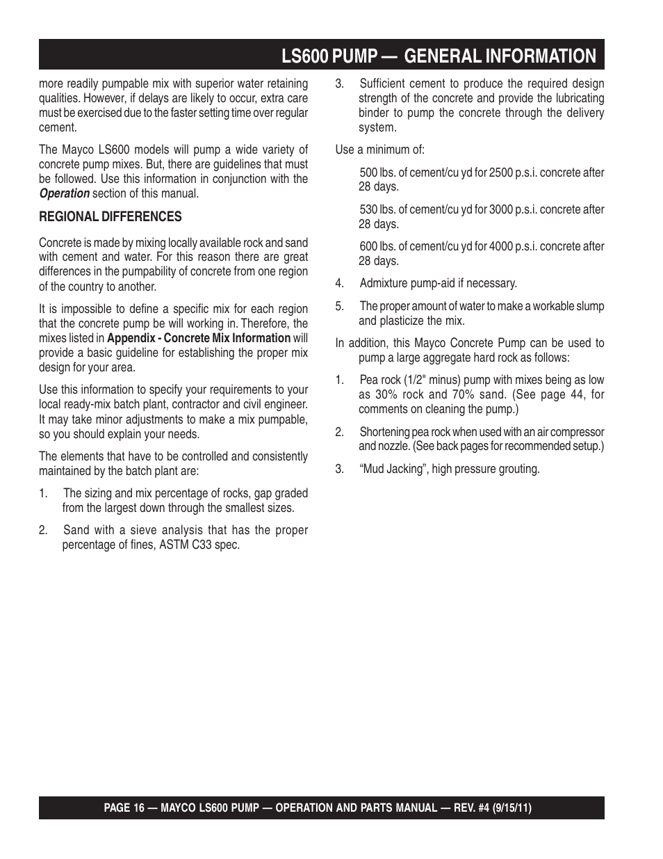 Ls600 pump — general information | Multiquip Mayco Concrete Pump LS600 User Manual | Page 16 / 152