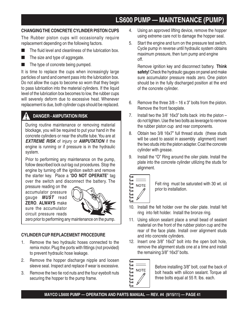 Ls600 pump — maintenance (pump) | Multiquip Mayco Concrete Pump LS600 User Manual | Page 41 / 152