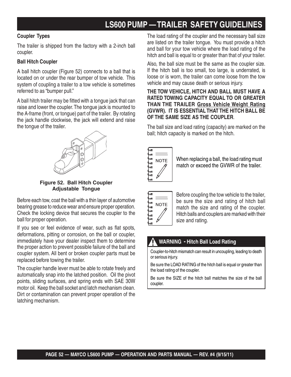 Ls600 pump — trailer safety guidelines | Multiquip Mayco Concrete Pump LS600 User Manual | Page 52 / 152