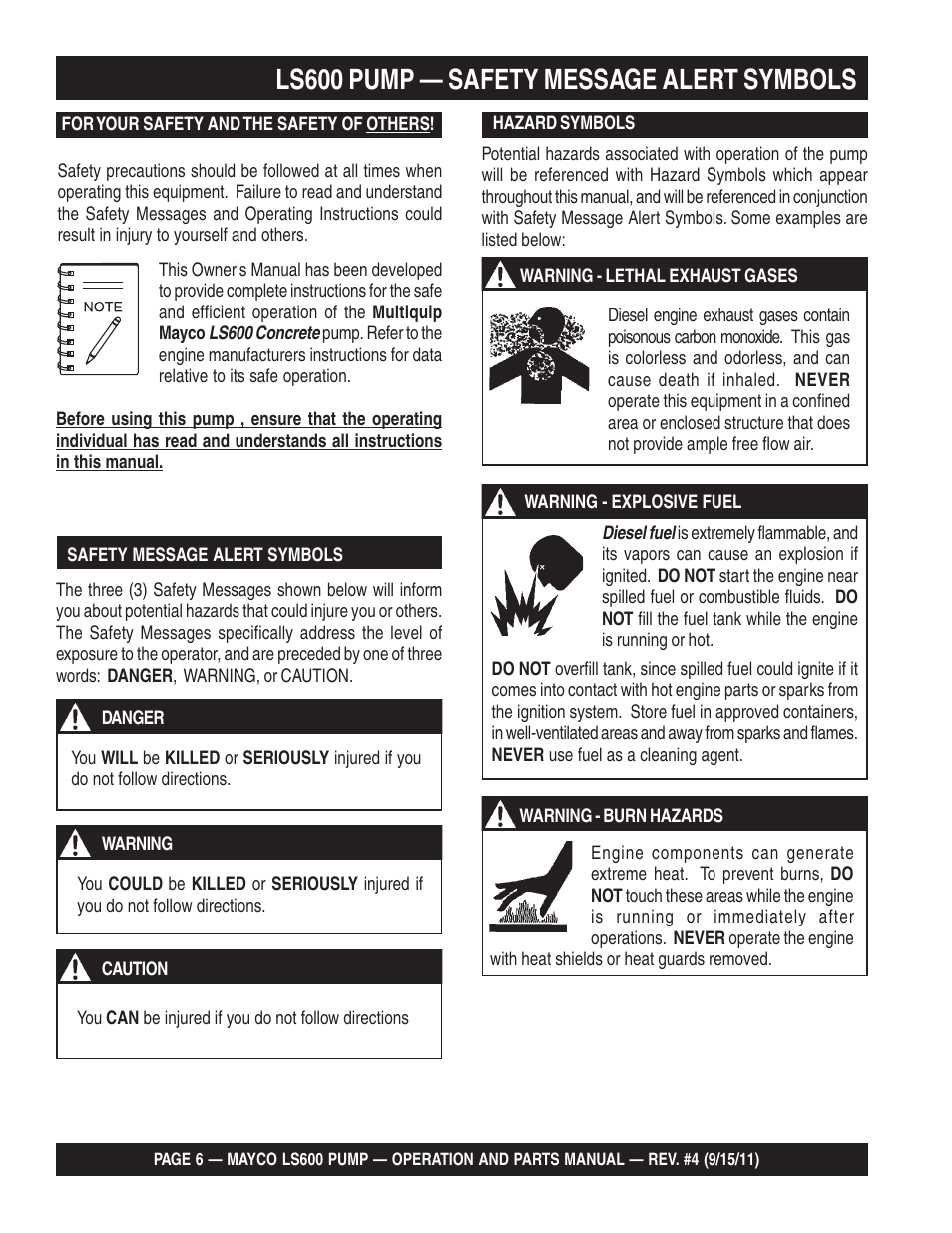 Ls600 pump — safety message alert symbols | Multiquip Mayco Concrete Pump LS600 User Manual | Page 6 / 152