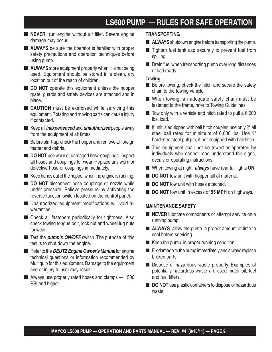 Ls600 pump — rules for safe operation | Multiquip Mayco Concrete Pump LS600 User Manual | Page 9 / 152