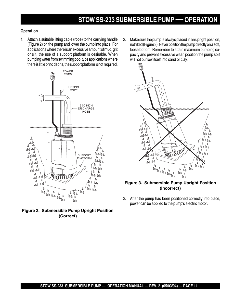 Stow ss-233 submersible pump, Operation | Multiquip Stow Submersible Pump SS-233 User Manual | Page 11 / 18