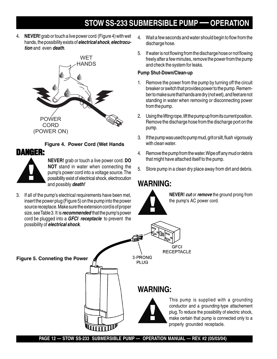 Stow ss-233 submersible pump, Operation, Danger | Warning | Multiquip Stow Submersible Pump SS-233 User Manual | Page 12 / 18