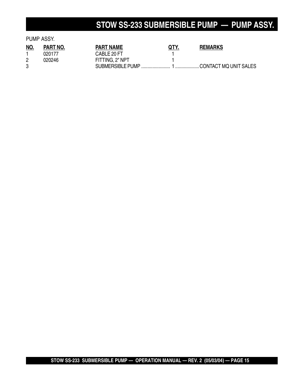 Stow ss-233 submersible pump — pump assy | Multiquip Stow Submersible Pump SS-233 User Manual | Page 15 / 18