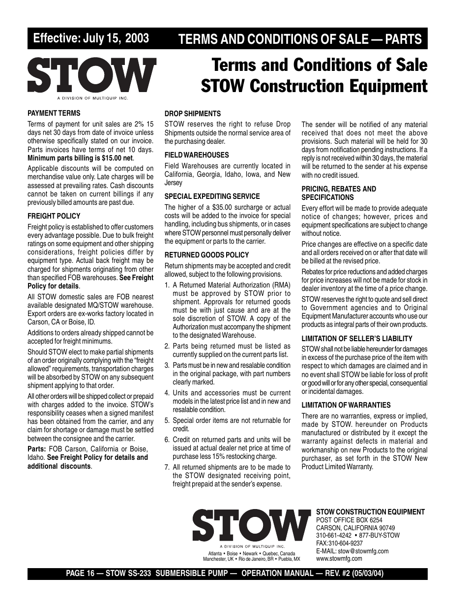 Terms and conditions of sale — parts | Multiquip Stow Submersible Pump SS-233 User Manual | Page 16 / 18