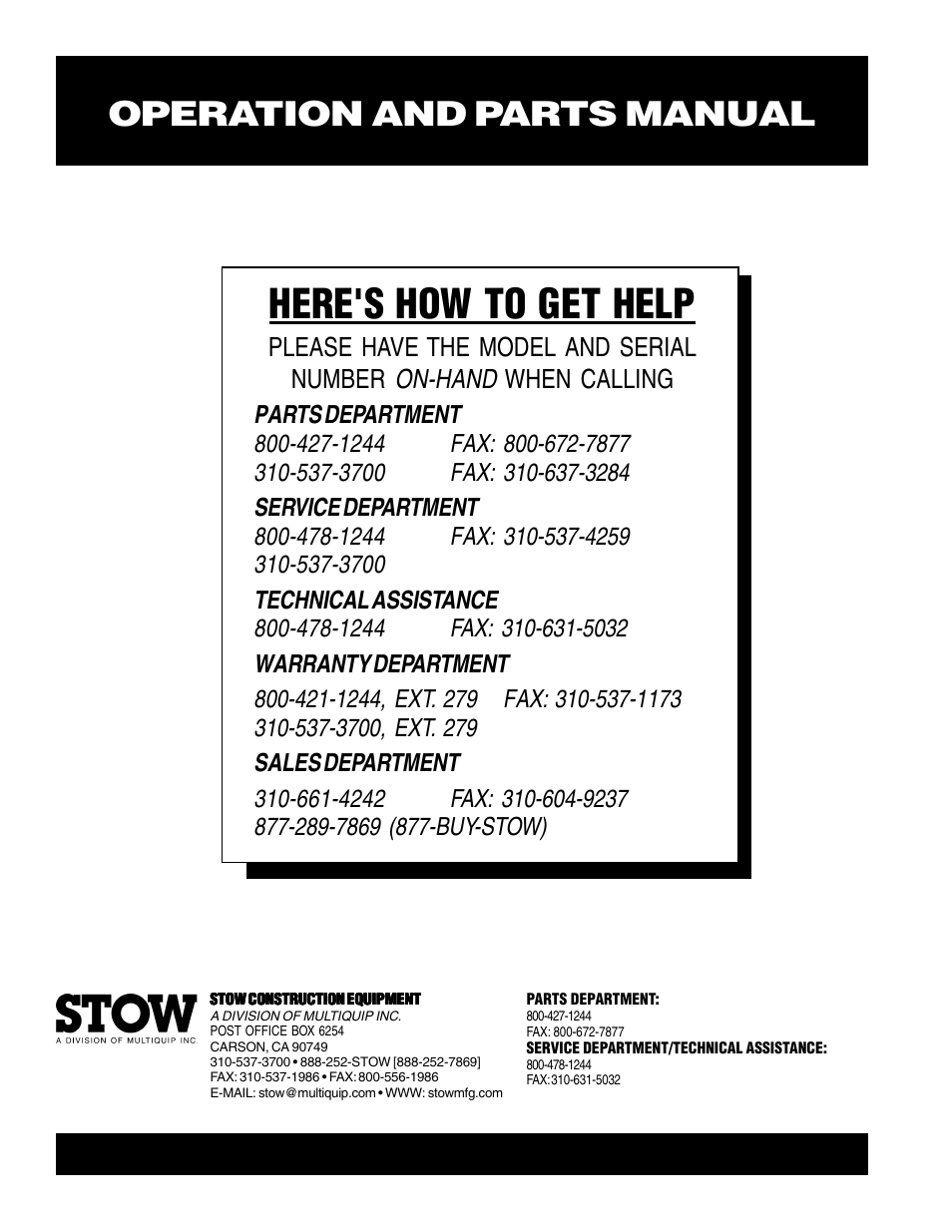 Here's how to get help, Operation and parts manual | Multiquip Stow Submersible Pump SS-233 User Manual | Page 18 / 18