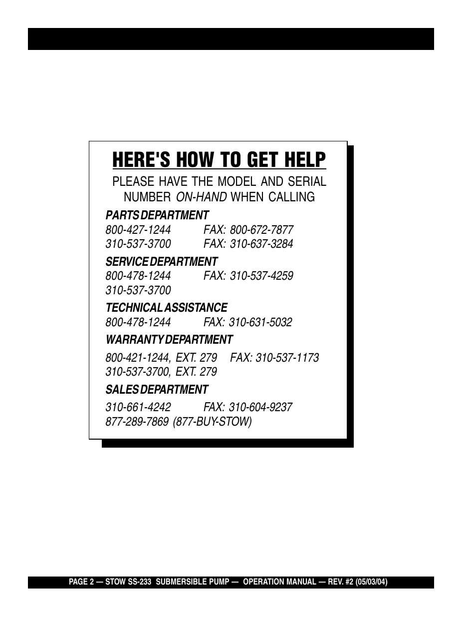 Here's how to get help | Multiquip Stow Submersible Pump SS-233 User Manual | Page 2 / 18