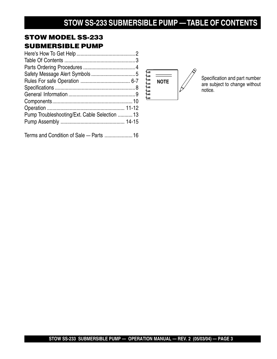 Stow ss-233 submersible pump — table of contents | Multiquip Stow Submersible Pump SS-233 User Manual | Page 3 / 18