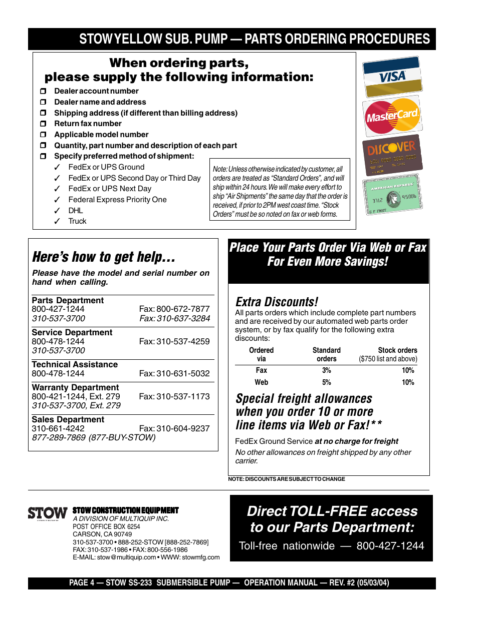 Stow yellow sub. pump — parts ordering procedures, Here’s how to get help, Direct toll-free access to our parts department | Extra discounts | Multiquip Stow Submersible Pump SS-233 User Manual | Page 4 / 18