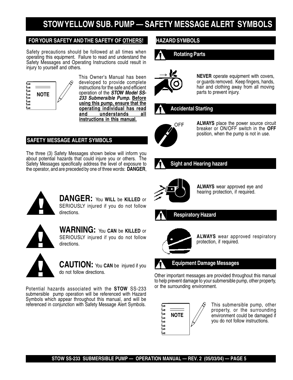 Danger, Warning, Caution | Multiquip Stow Submersible Pump SS-233 User Manual | Page 5 / 18