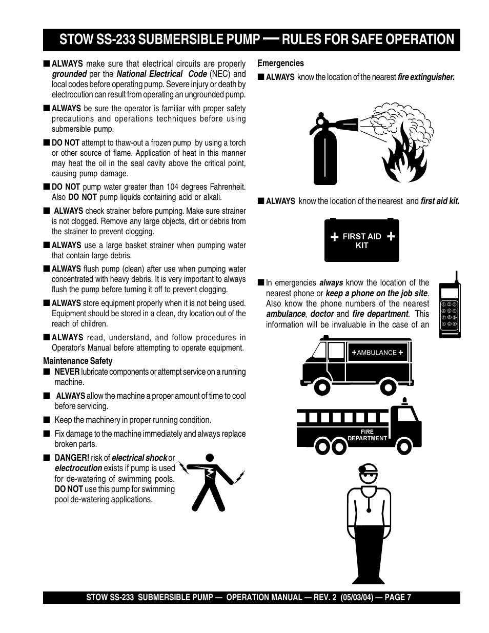 Stow ss-233 submersible pump, Rules for safe operation | Multiquip Stow Submersible Pump SS-233 User Manual | Page 7 / 18