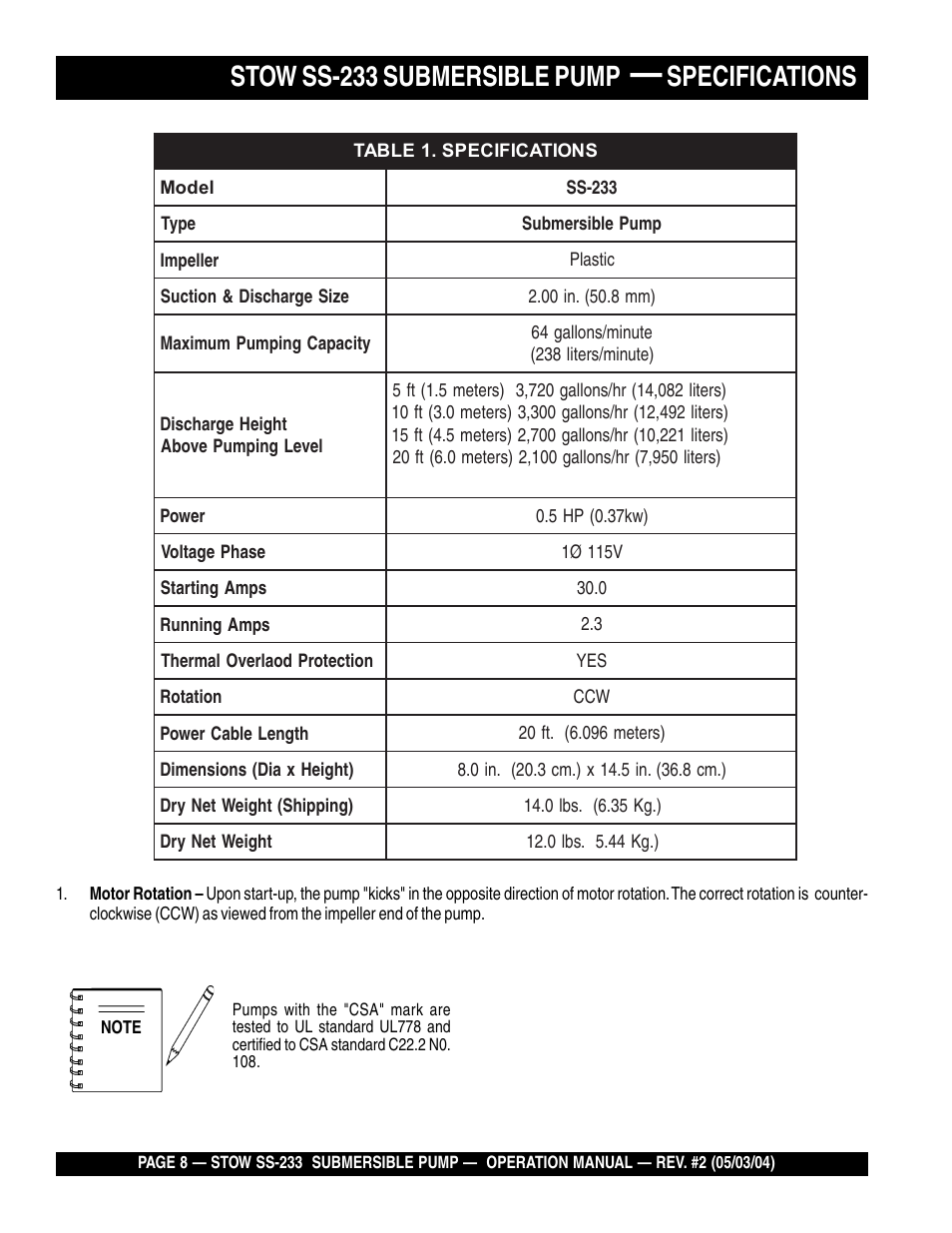 Stow ss-233 submersible pump, Specifications | Multiquip Stow Submersible Pump SS-233 User Manual | Page 8 / 18