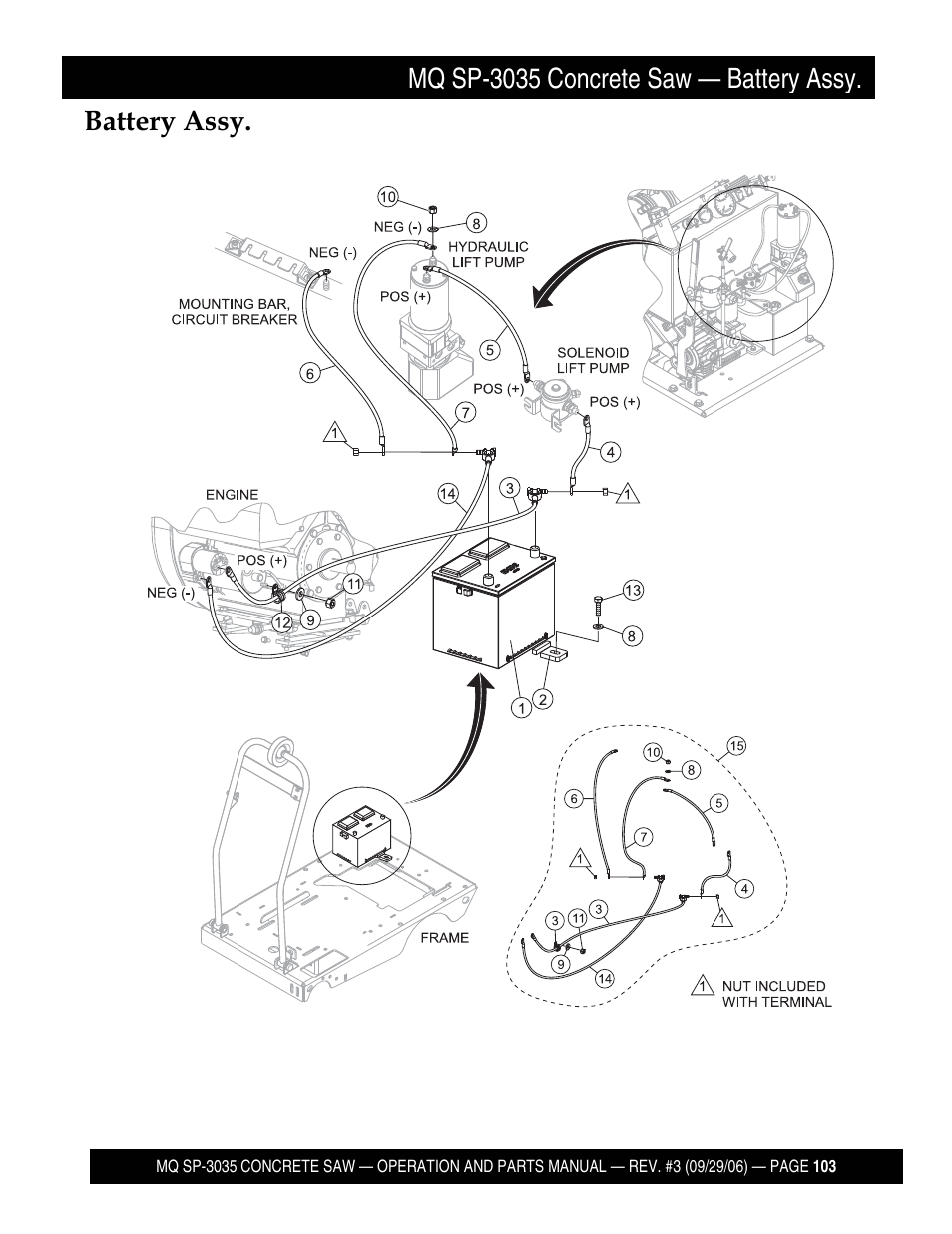 Mq sp-3035 concrete saw — battery assy, Battery assy | Multiquip Diamond Back SP3 Street Pro Professional Slab Saw 35 HP Wisconsin Diesel Engine SP303530 User Manual | Page 105 / 123