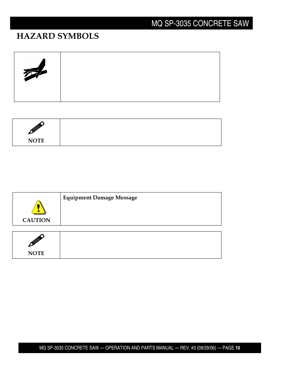 Mq sp-3035 concrete saw hazard symbols | Multiquip Diamond Back SP3 Street Pro Professional Slab Saw 35 HP Wisconsin Diesel Engine SP303530 User Manual | Page 12 / 123