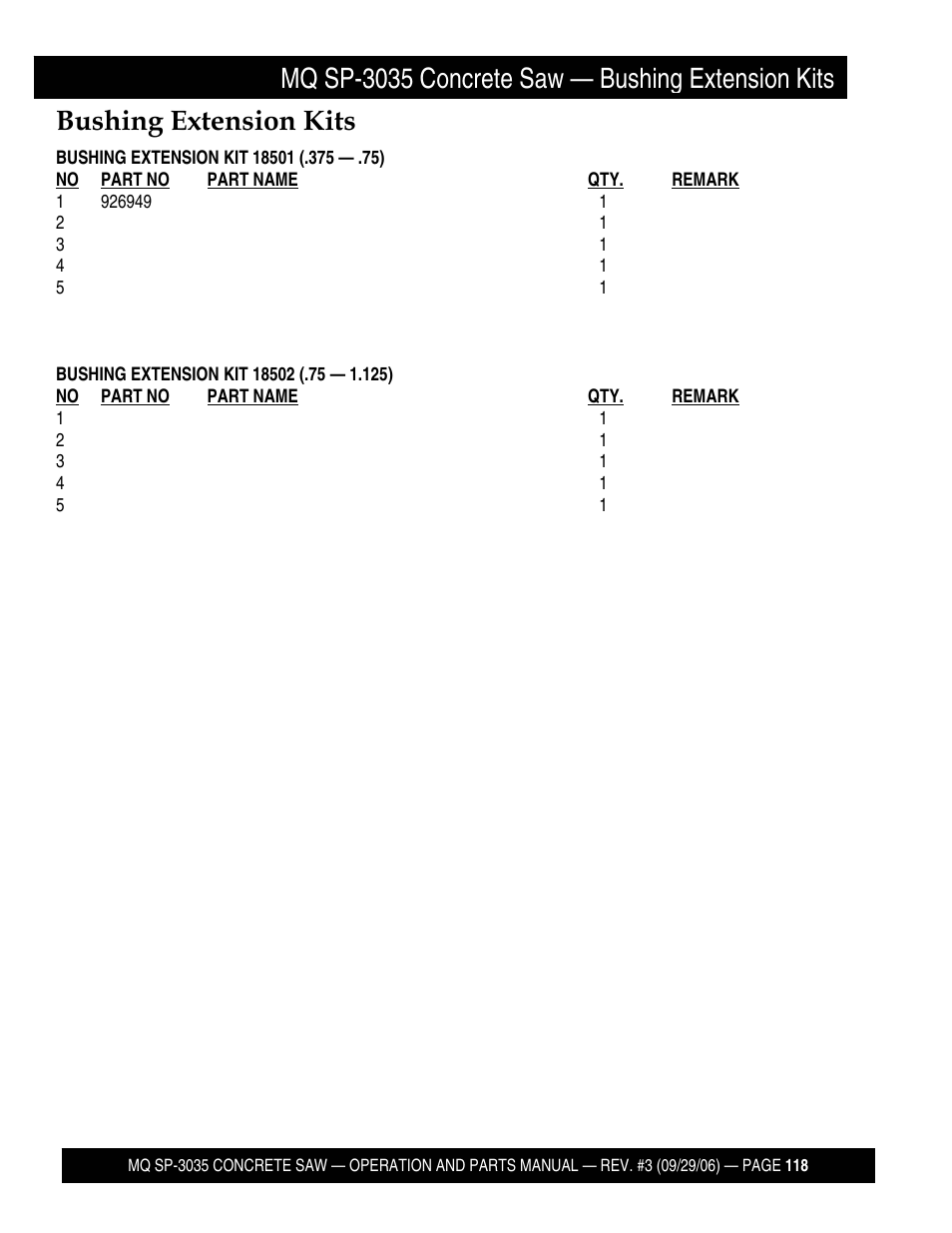 Mq sp-3035 concrete saw — bushing extension kits, Bushing extension kits | Multiquip Diamond Back SP3 Street Pro Professional Slab Saw 35 HP Wisconsin Diesel Engine SP303530 User Manual | Page 120 / 123