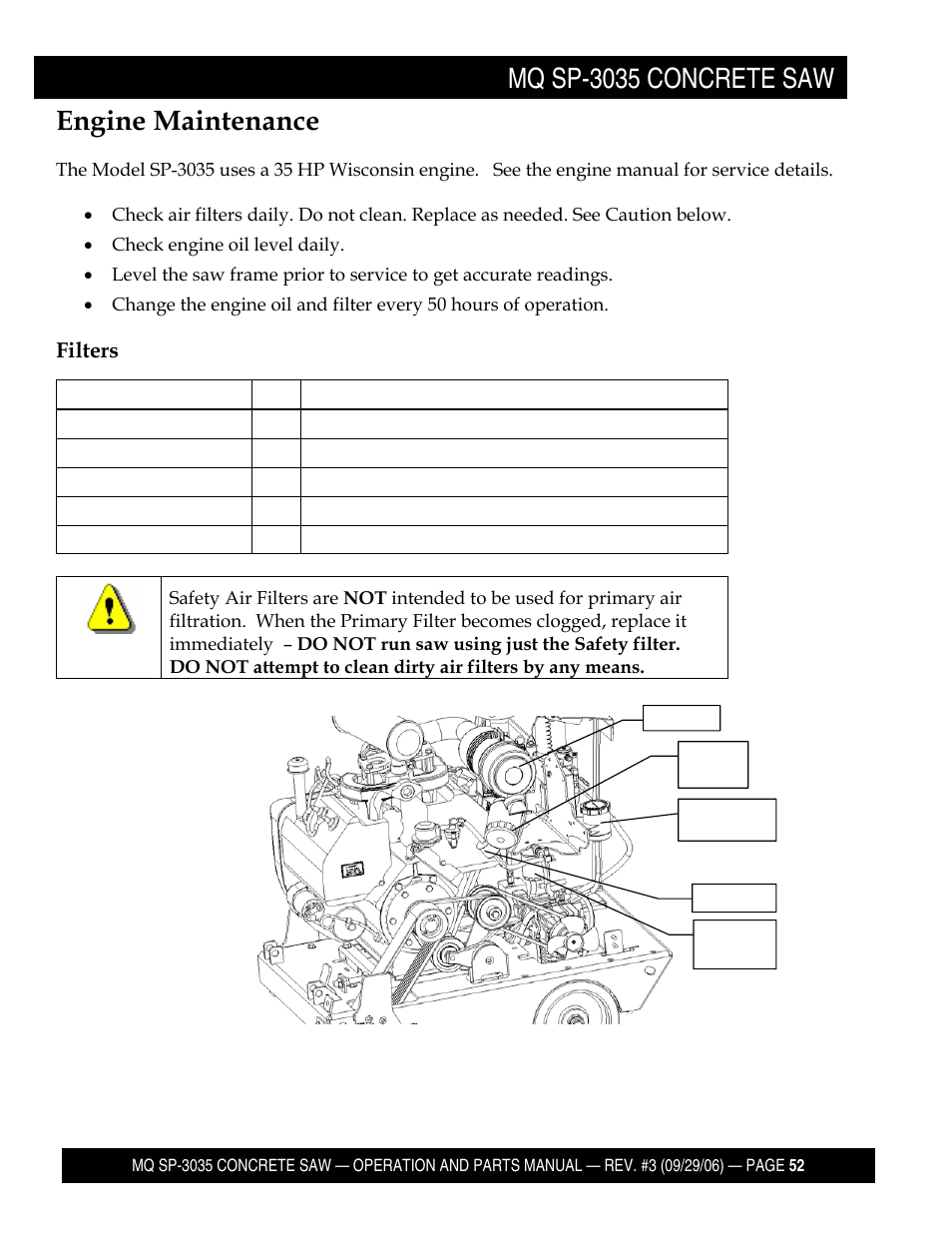 Mq sp-3035 concrete saw engine maintenance, Filters | Multiquip Diamond Back SP3 Street Pro Professional Slab Saw 35 HP Wisconsin Diesel Engine SP303530 User Manual | Page 54 / 123