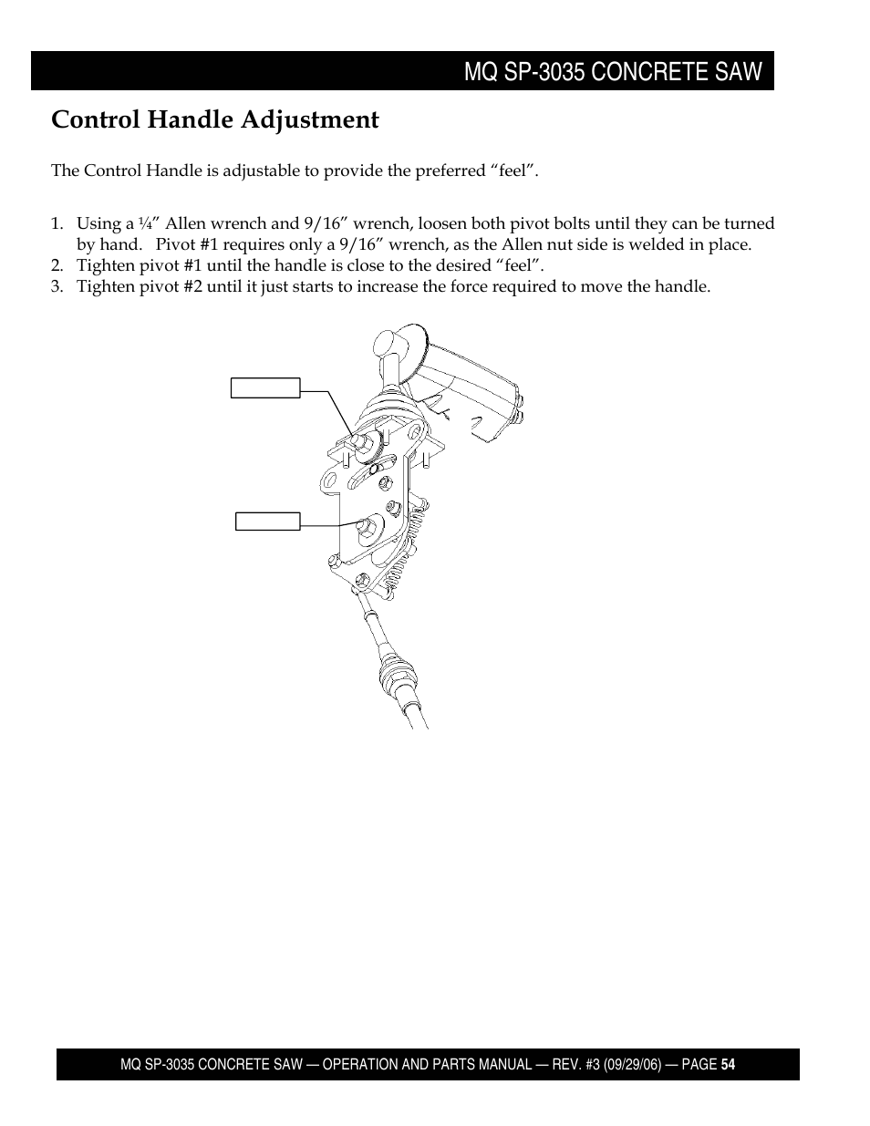 Mq sp-3035 concrete saw, Control handle adjustment | Multiquip Diamond Back SP3 Street Pro Professional Slab Saw 35 HP Wisconsin Diesel Engine SP303530 User Manual | Page 56 / 123