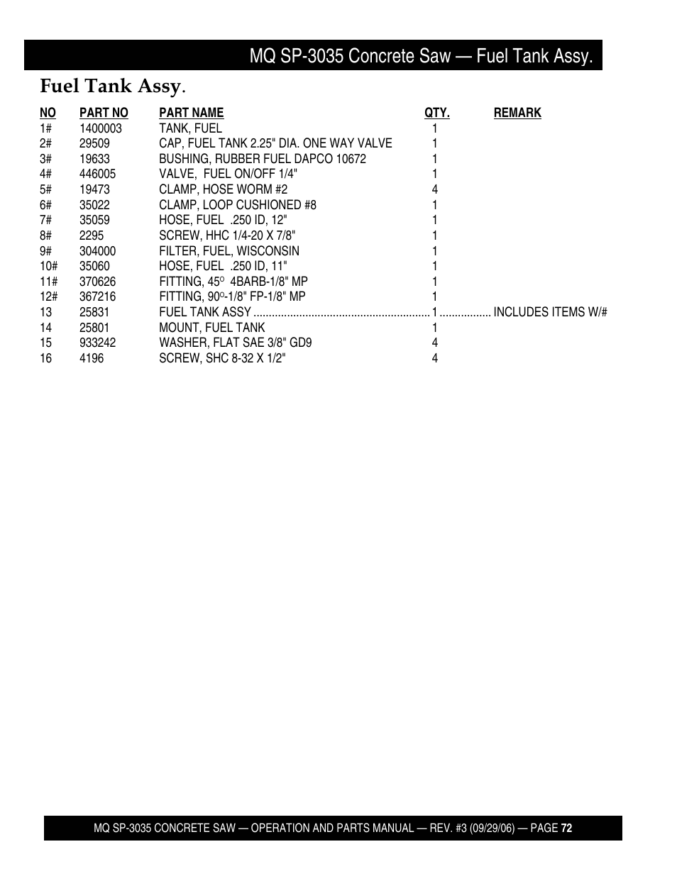 Mq sp-3035 concrete saw — fuel tank assy, Fuel tank assy | Multiquip Diamond Back SP3 Street Pro Professional Slab Saw 35 HP Wisconsin Diesel Engine SP303530 User Manual | Page 74 / 123