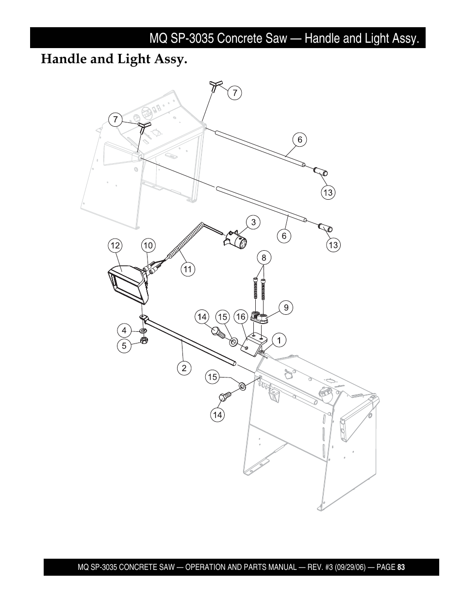 Mq sp-3035 concrete saw — handle and light assy, Handle and light assy | Multiquip Diamond Back SP3 Street Pro Professional Slab Saw 35 HP Wisconsin Diesel Engine SP303530 User Manual | Page 85 / 123