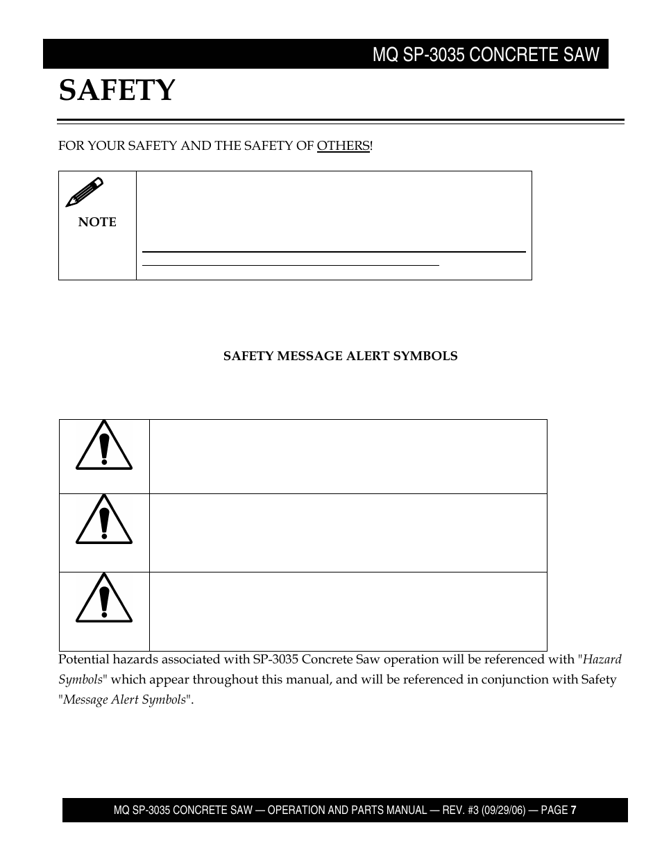 Safety, Mq sp-3035 concrete saw, Danger | Warning, Caution | Multiquip Diamond Back SP3 Street Pro Professional Slab Saw 35 HP Wisconsin Diesel Engine SP303530 User Manual | Page 9 / 123