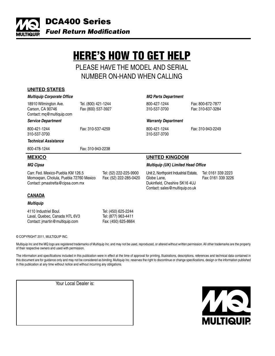Here’s how to get help, Dca400series, Fuel return modification | Multiquip Generator DCA400 User Manual | Page 6 / 6