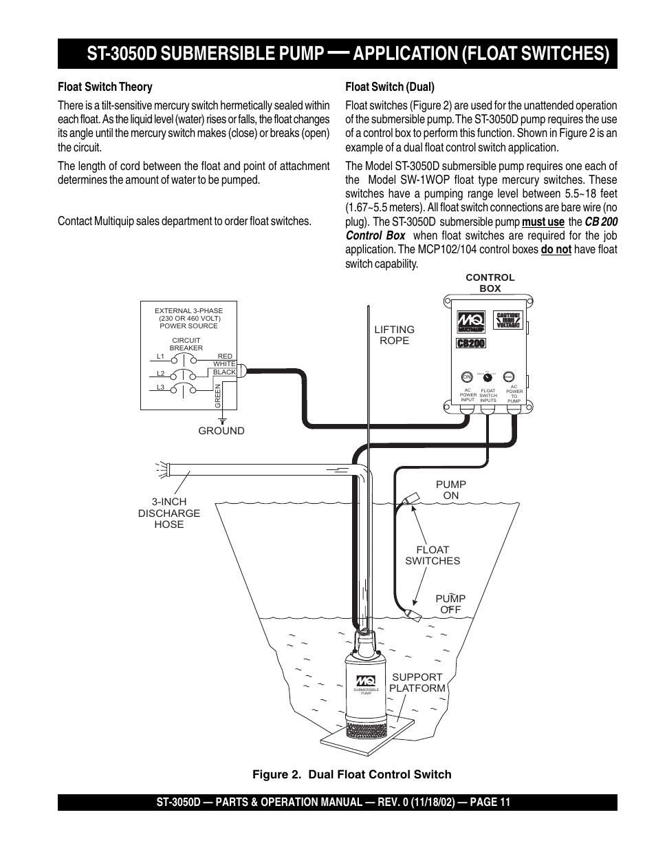 St-3050d submersible pump, Application (float switches), Cb 200 control box | Multiquip Submersible Pump ST-3050D User Manual | Page 11 / 38
