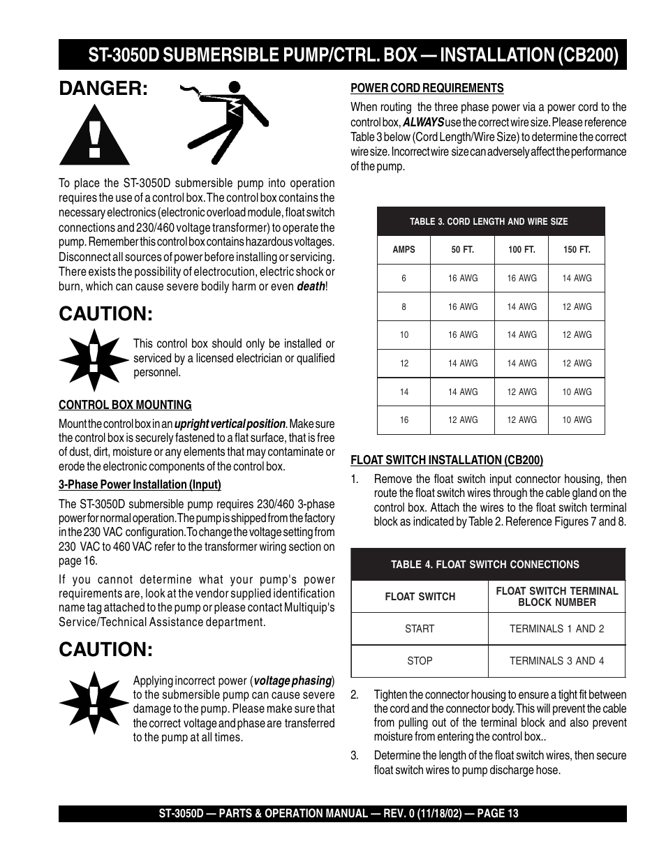 Caution, Death, Upright vertical position | Voltage phasing, Always | Multiquip Submersible Pump ST-3050D User Manual | Page 13 / 38
