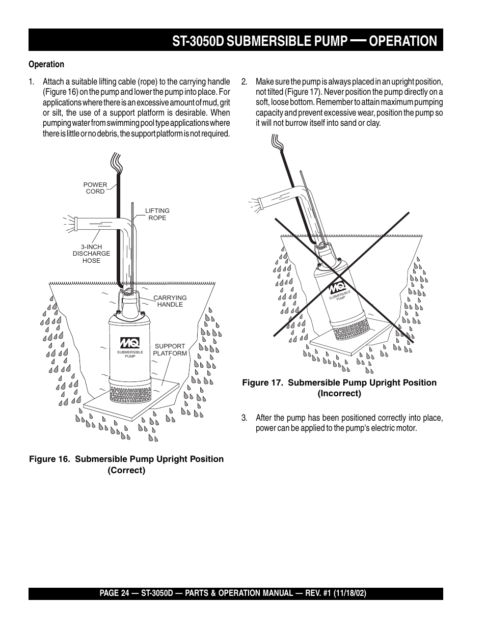 St-3050d submersible pump, Operation | Multiquip Submersible Pump ST-3050D User Manual | Page 24 / 38
