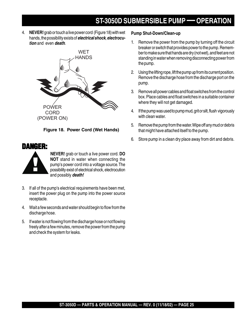 St-3050d submersible pump, Operation, Danger | Multiquip Submersible Pump ST-3050D User Manual | Page 25 / 38