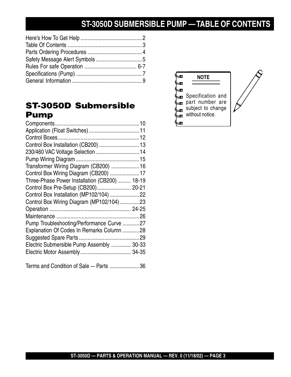 St-3050d submersible pump — table of contents, St-3050d submersible pump | Multiquip Submersible Pump ST-3050D User Manual | Page 3 / 38