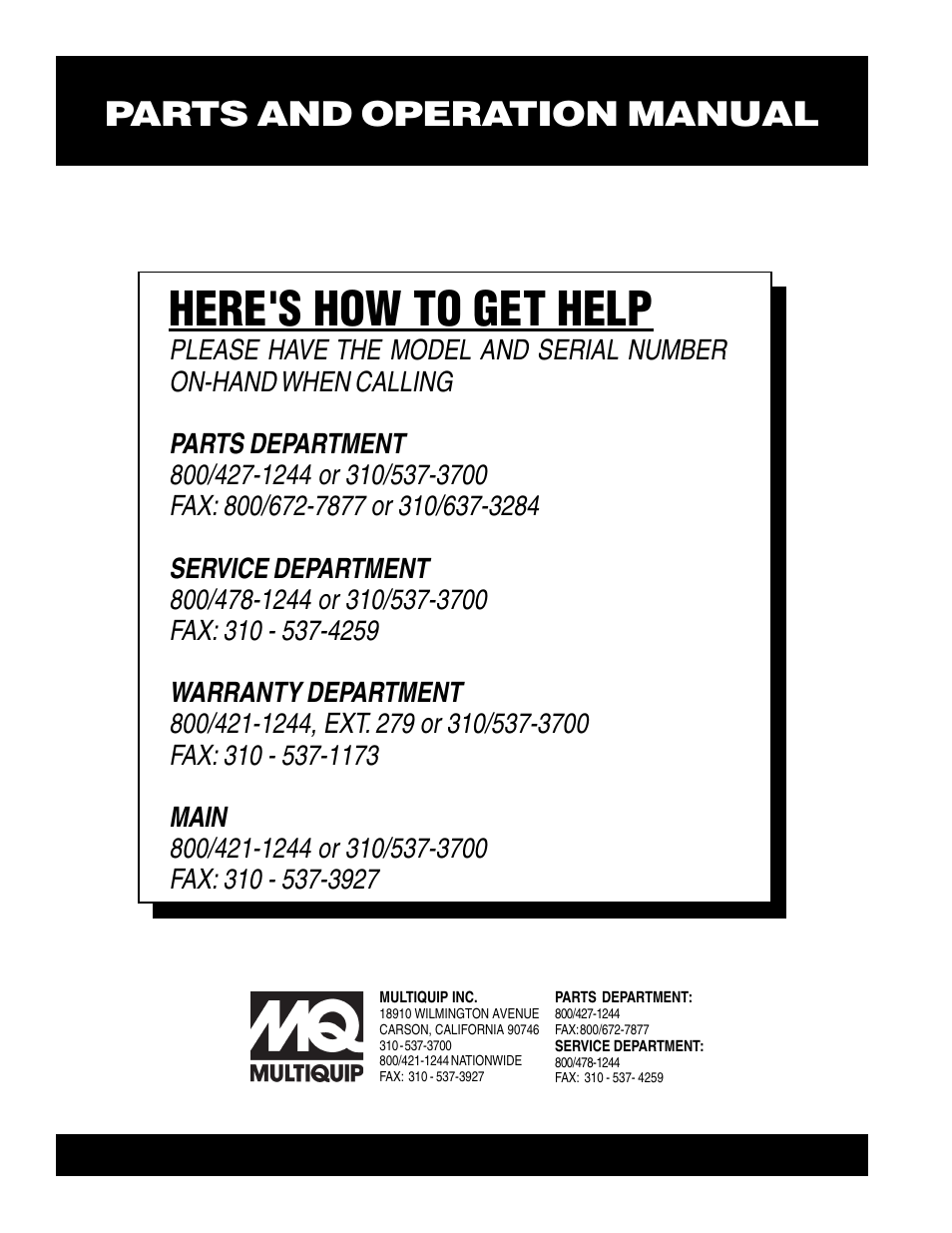Here's how to get help, Parts and operation manual | Multiquip Submersible Pump ST-3050D User Manual | Page 38 / 38