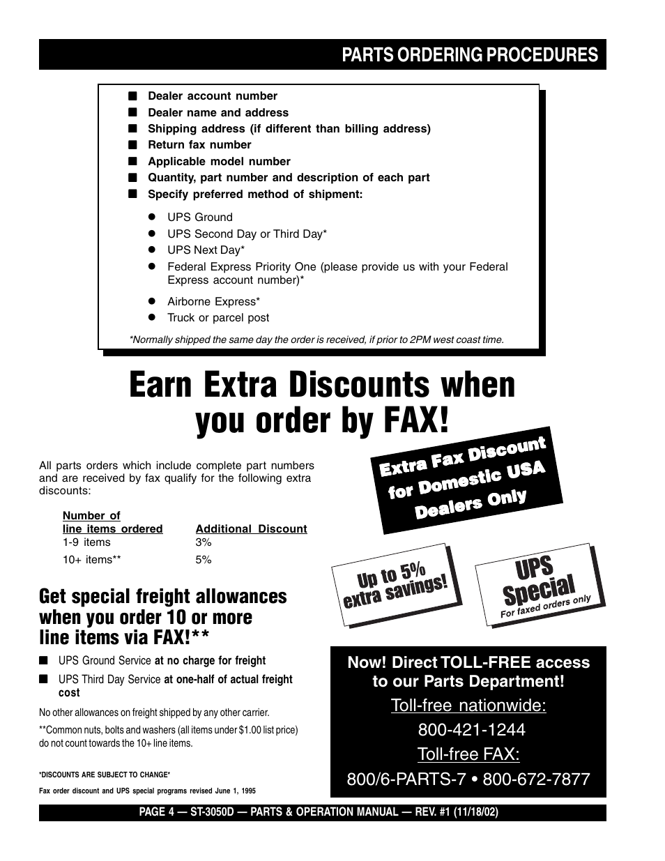 Earn extra discounts when you order by fax, Extra fax discount | Multiquip Submersible Pump ST-3050D User Manual | Page 4 / 38