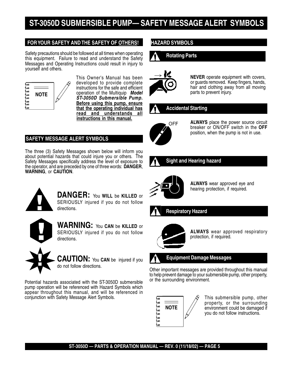 Danger, Warning, Caution | Multiquip Submersible Pump ST-3050D User Manual | Page 5 / 38