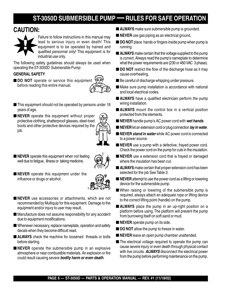 St-3050d submersible pump, Rules for safe operation caution | Multiquip Submersible Pump ST-3050D User Manual | Page 6 / 38