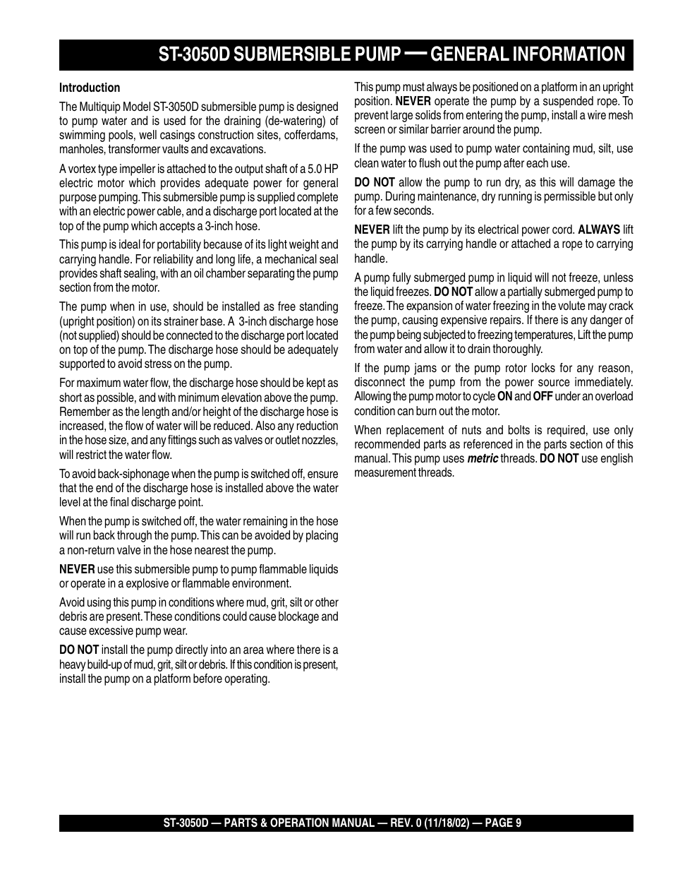 St-3050d submersible pump, General information | Multiquip Submersible Pump ST-3050D User Manual | Page 9 / 38