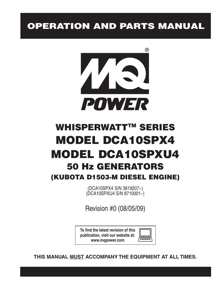 Multiquip MQ Power Whisperwatt 50 Hz Generator DCA10SPXU4 User Manual | 76 pages